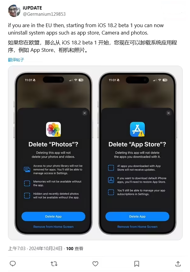 德城苹果手机维修分享iOS 18.2 支持删除 App Store 应用商店 