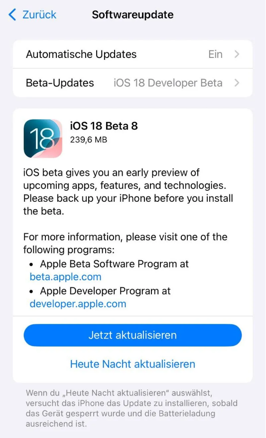 德城苹果手机维修分享苹果 iOS / iPadOS 18 开发者预览版 Beta 8 发布 